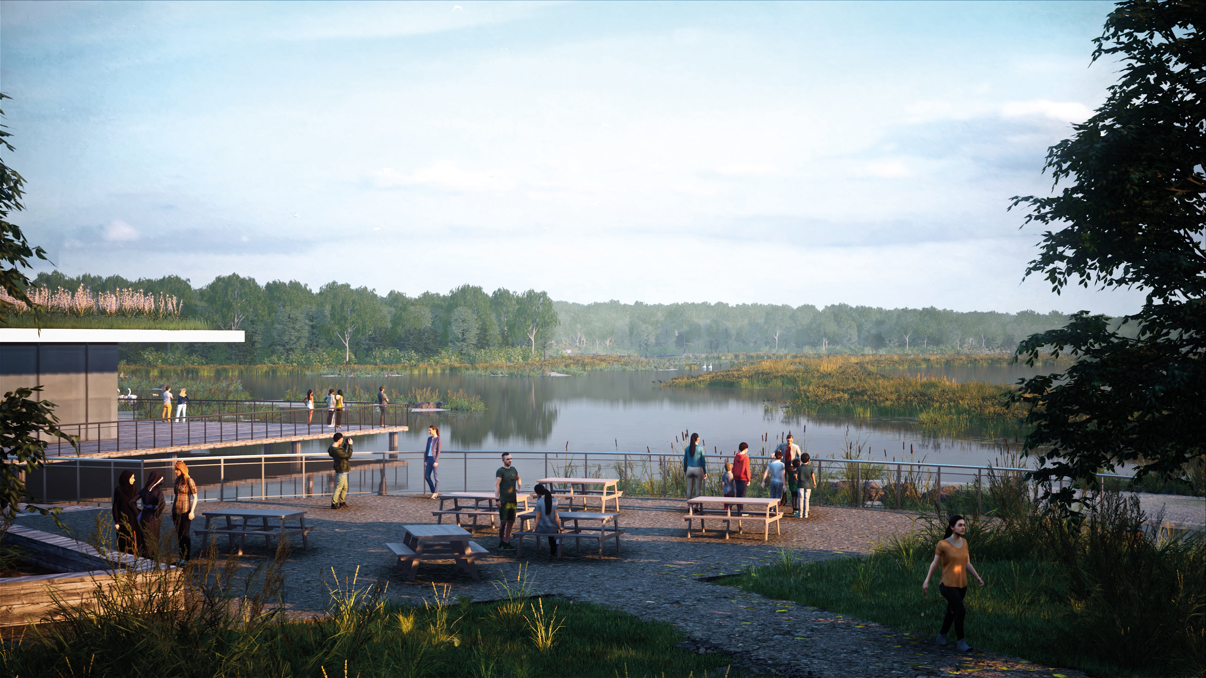 An illustrative view from visitor center of Havant Thicket Reservoir